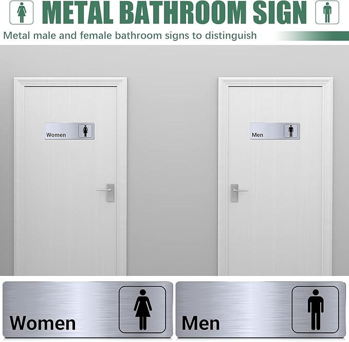Brushed Aluminum Restroom Signs, Men and Women Modern Restroom Sign, 9 x 3 Inch Bathroom Door Signage Decor for Offices Business Restaurants (2 Pcs)