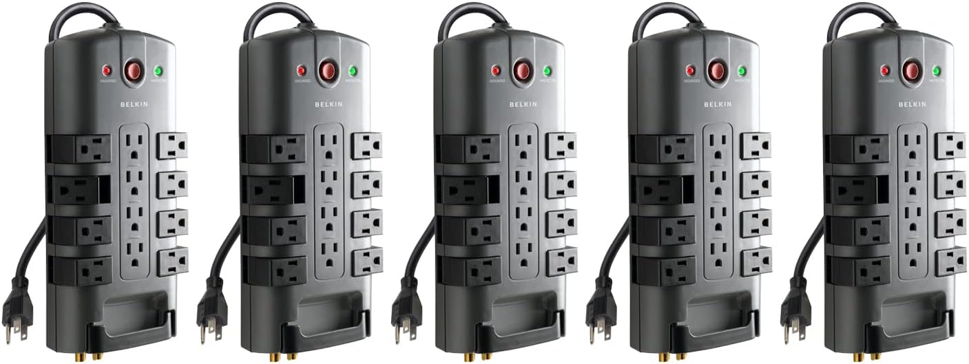 Belkin Surge Protector w/ 8 Rotating & 4 Standard Outlets (Pack of 5) - 8ft Sturdy Extension Cord with Flat Pivot Plug for Home, Office, Travel, & Desktop - Power Strip - 4320 Joules