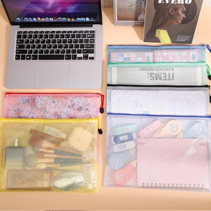 EOOUT 24pcs Mesh Zipper Pouch Bags, A4 Letter Size Zipper Storage Bags for Organizing, Multicolor Plastic File Pouch Multipurpose for Classroom Organization Travel Storage Board Game Storage