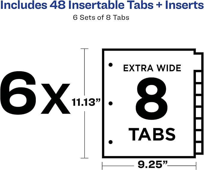 Avery Big Tab Extra-Wide Insertable Dividers for 3 Ring Binders, 8-Tab Set, Multicolor, 6 Sets (21211)