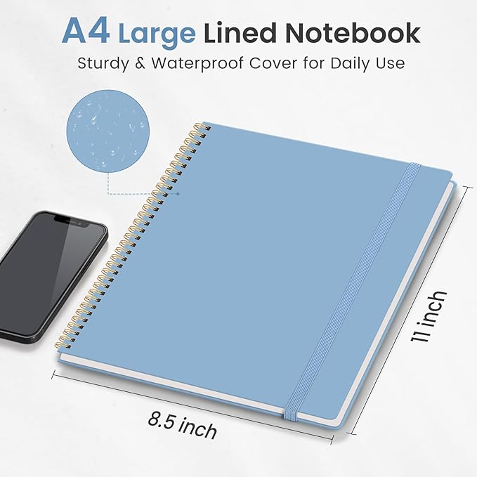 Taja Spiral Lined Notebook, 8.5"x11" Notebooks for Work, Large A4 Journal for Women & Men, College Ruled Journaling Notebook for Writing, Plastic Cover Spiral Journal, Blue