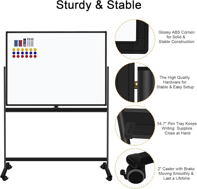 H-Qprobd 48"x36" Mobile Whiteboard Double-Sided Magnetic Dry Erase Board on Wheels - Comercial Rolling White Boards with Sturdy Stand for Home, Office & School