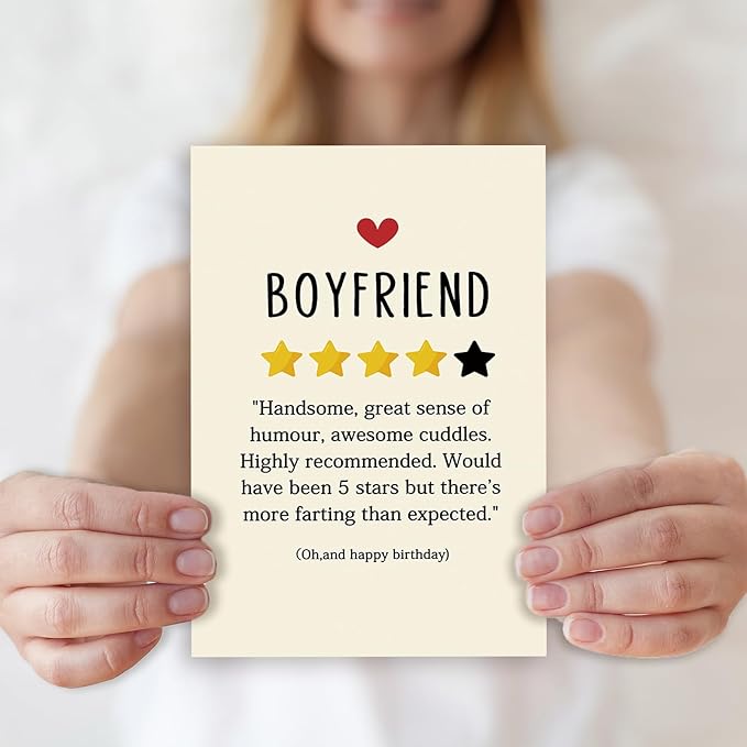 Funny Birthday Card for Boyfriend，Happy Birthday Cards Gifts for Men Him，Humorous 4-Star Review Bday Gift Card for Boyfriend，Romantic Birthday Gifts for Boyfriend from Girlfriend