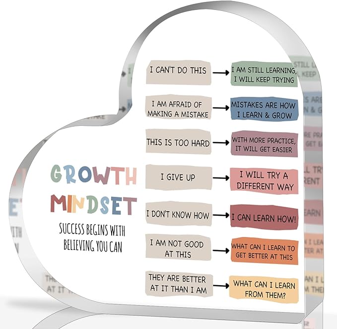 Growth Mindset Decor, Mental Health Therapy Office Classroom Art Educational Acrylic Heart Inspirational Gift Change Your Mindset Decorations Positive Sayings Gifts for Teacher Students School