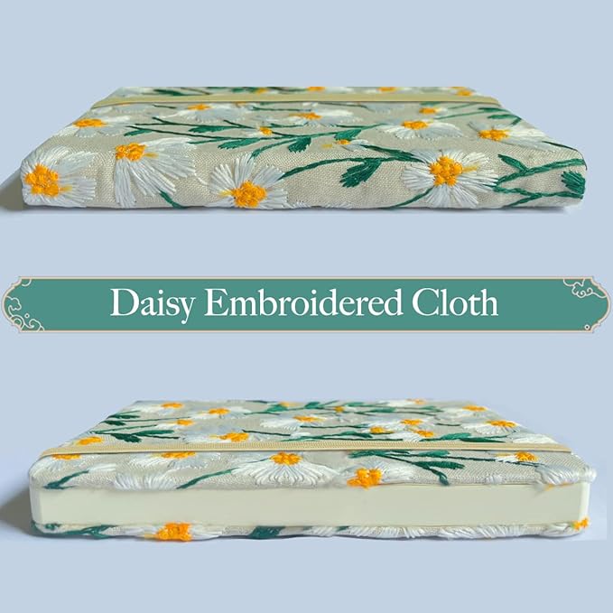 Pocket Journal, Small Notebook, A6 Sketchbook, 4x6, Unlined, Flower Embroidered Notebook, Blank, Hardcover, Lay Flat, Elastic Band, Beautiful Journal, Daisy Gifts for Women, White Daisy