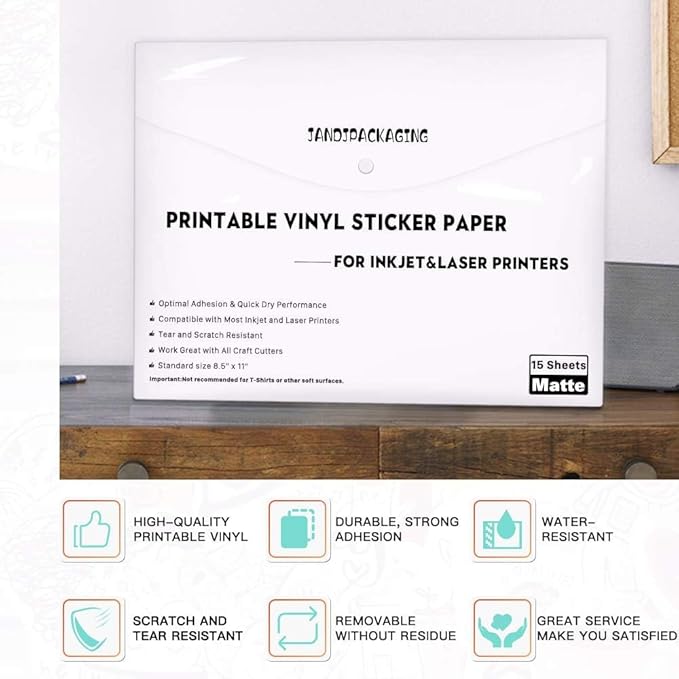 JANDJPACKAGING Printable Vinyl Sticker Paper - Waterproof Printable Vinyl for Laser & Inkjet Printer 15 Self-Adhesive Sheets - Matte White - Standard Letter Size 8.5"x11"