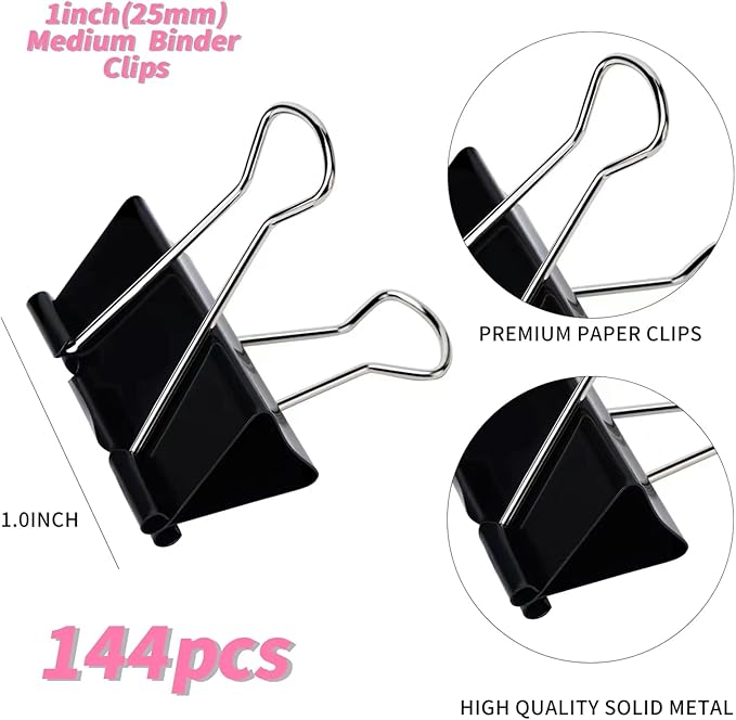 Binder Clips, Medium Binder Clips,144 Pcs1 Inch,Black Metal Medium Paper Clips for Office, Home, School