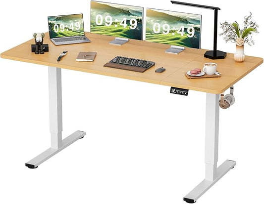 Furmax Electric Height Adjustable Standing Desk Large 63 x 24 Inches Sit Stand Up Desk Home Office Computer Desk Memory Preset with T-Shaped Metal Bracket, Wood