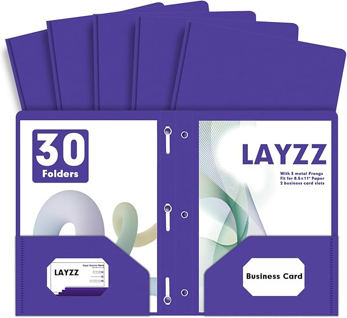 Plastic 2 Pocket Folders with Prongs, 30 Pack, Heavyweight, Letter Size Poly Folders with 3 Metal Prongs Fastener Clips (Purple)