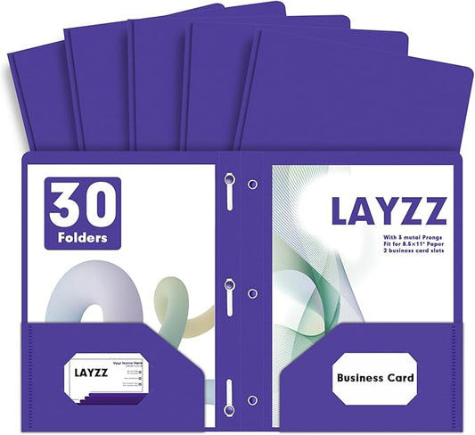 Plastic 2 Pocket Folders with Prongs, 30 Pack, Heavyweight, Letter Size Poly Folders with 3 Metal Prongs Fastener Clips (Purple)