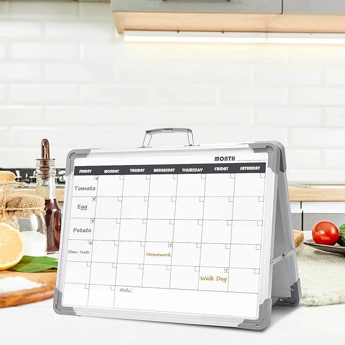 Magnetic Dry Erase Board with Calendar - Small Double Sided Whiteboard on Desktop with Monthly Schedule Planner, Portable Folding White Board on Table Top for Drawing, Teacher Students Classroom