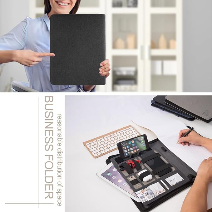 Padfolio Portfolio with Zipper and Clipboard - Leather Business Portfolio Organizer – Zippered Portfolio Padfolio for Women & Men (Non Battery, Black)