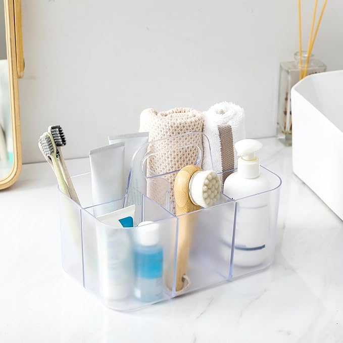 Multiuse Caddy Organizer with Handle - Stackable Plastic Bin - Divided Storage Tote Holder for Art Craft Supplies, Makeup, Bathroom, Shower, Cleaning, Kitchen, Office, Dorm, Desktop - Frosted Clear