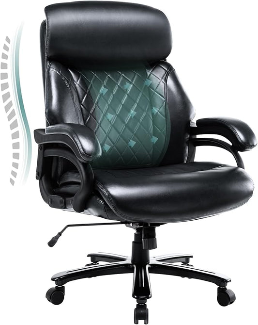 COLAMY Big and Tall Office Chair 400lbs-Heavy Duty Executive Desk Chair with Extra Wide Seat, High Back Ergonomic Leather Computer Chair with Tilt Rock&Tension, Padded Armrests-Black
