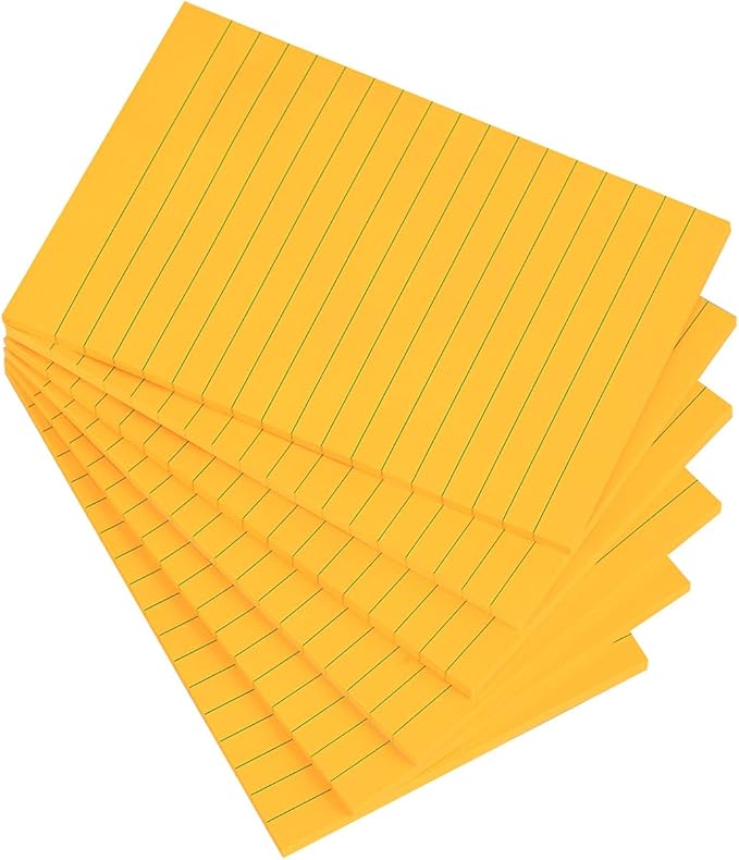 Vanpad Lined Sticky Notes 4X6 in Bright Orange Ruled Stickies Super Sticking Power Memo Pads Strong Adhesive, 6 Pads/Pack, 45 Sheets/pad