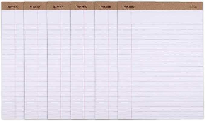 Mintra Office Recycled Writing Pads 6pk (White, Narrow Ruled (8.5in x 11in)) - 50 Sheets per Notepad, Micro perforated, Legal Pad, Notebook Paper for School, College, Office, Business