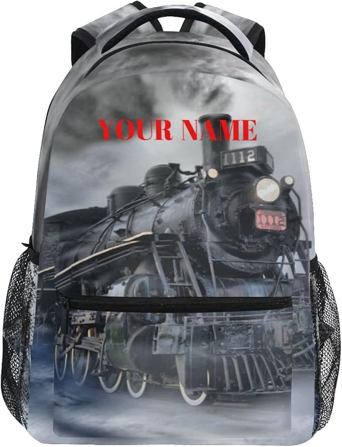 AUUXVA Custom School Backpack for Boys Kids with Name/Text Personalized Bookbag Add Your Name Customized Backpack Vintage Train School Bag Laptop Backpack Travel Camping Daypack