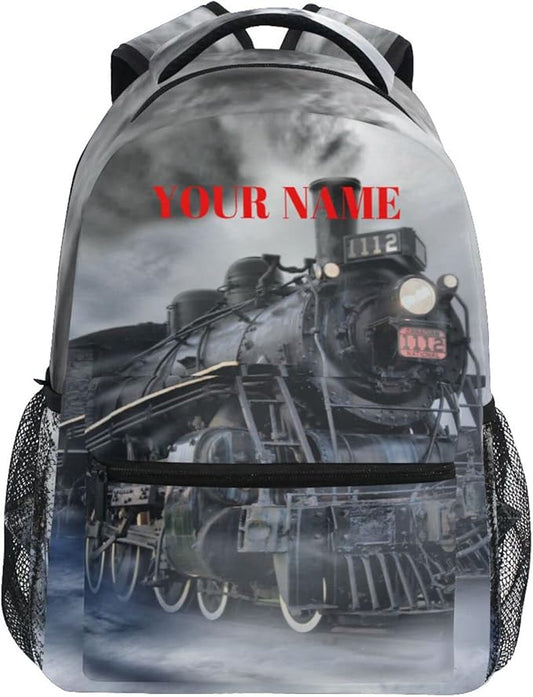 AUUXVA Custom School Backpack for Boys Kids with Name/Text Personalized Bookbag Add Your Name Customized Backpack Vintage Train School Bag Laptop Backpack Travel Camping Daypack