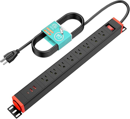 QBA 8 Outlet Heavy Duty Power Strip with USB Ports, Rack Mount Surge Protector with 360° Rotating Brackets, USB C PD 20W, Wall Mount Power Strip for Home Office Garage Workshop