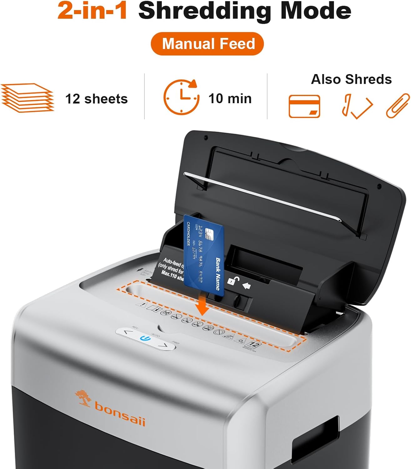 Bonsaii Paper Shredder for Office, 110-Sheet Autofeed Heavy Duty Shredder for Home Office Use, 30 Minutes/Micro Cut/P-4 High Security Level/6 Gallon Large Bin