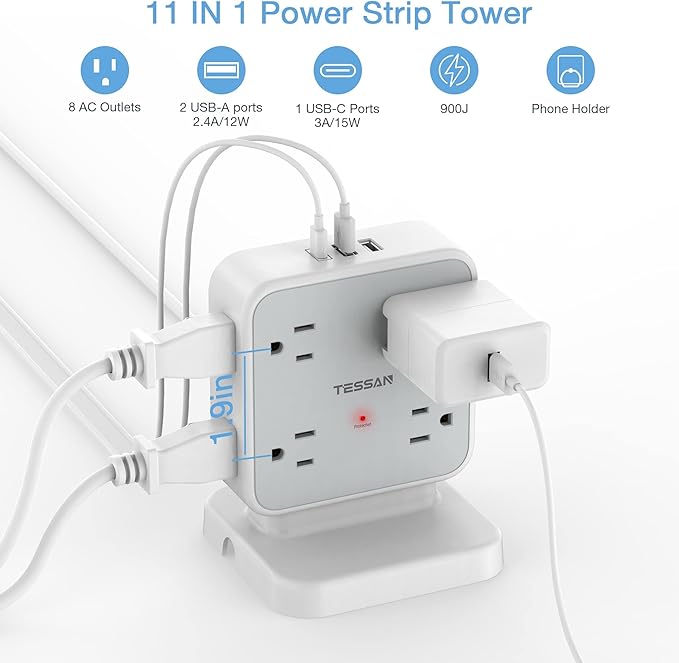 Power Strip Tower Surge Protector, TESSAN 8 AC Outlets with 3 USB (1 USB C Port), 5 FT Flat Plug Extension Cord with 900 Joules Protection, Desk Charging Station for Home Office Supplies, Dorm Room