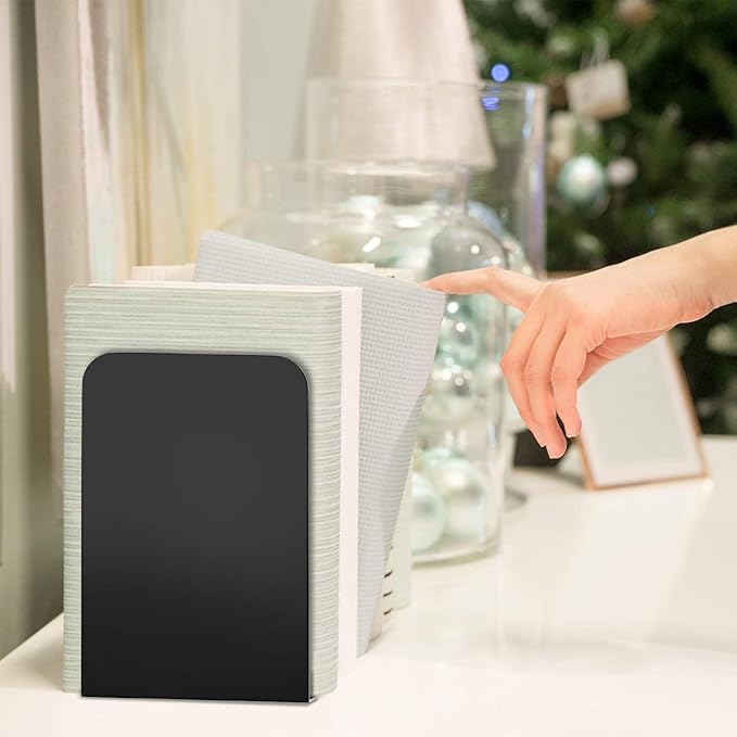 VFINE Metal Bookends 2 Pairs, Black Book Ends, Bookends for Shelves, Book Stopper for Heavy Books, Book Dividers for Home Office School Supplies