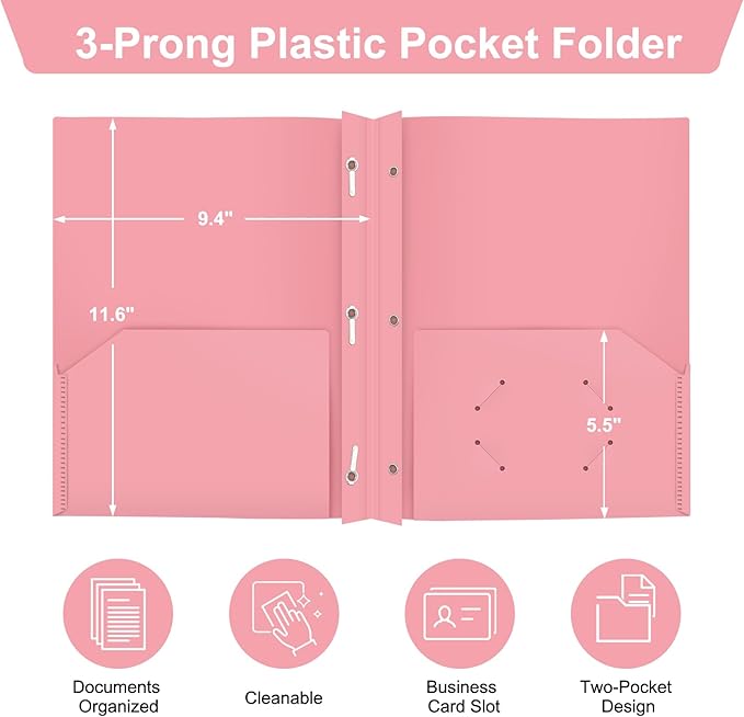 ViVin Heavy Duty 12-Pack Plastic Folder, Pastel Colors, 2 Pocket Letter Size Poly File, Cute Plastic Folders with 3-Prong Fasteners, for School, Home and Office (Assorted Color)