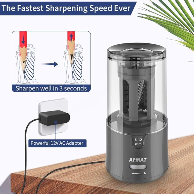 AFMAT Electric Pencil Sharpener, Pencil Sharpener for Colored Pencils, Auto Stop, Super Sharp & Fast, Electric Pencil Sharpener Plug in for 6-12mm No.2/Colored Pencils/Office/Home-Gray