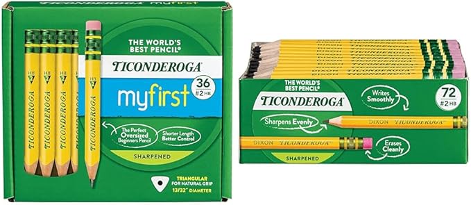 Ticonderoga My First Short Triangular Wood-Cased Pencils, 36 Count Golf Pencils, Pre-Sharpened, With Erasers, 72 Count