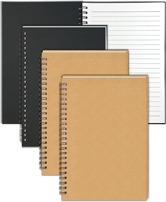 GINMLYDA 4Pack Small Spiral Notebook A5, 8.25x5.5” 120 Lined Pages Wide Ruled Spiral Journal Bulk Blank Kraft Cover Spiral Bound Notebook & Writing Pads for Home Office Meeting Work Note Taking