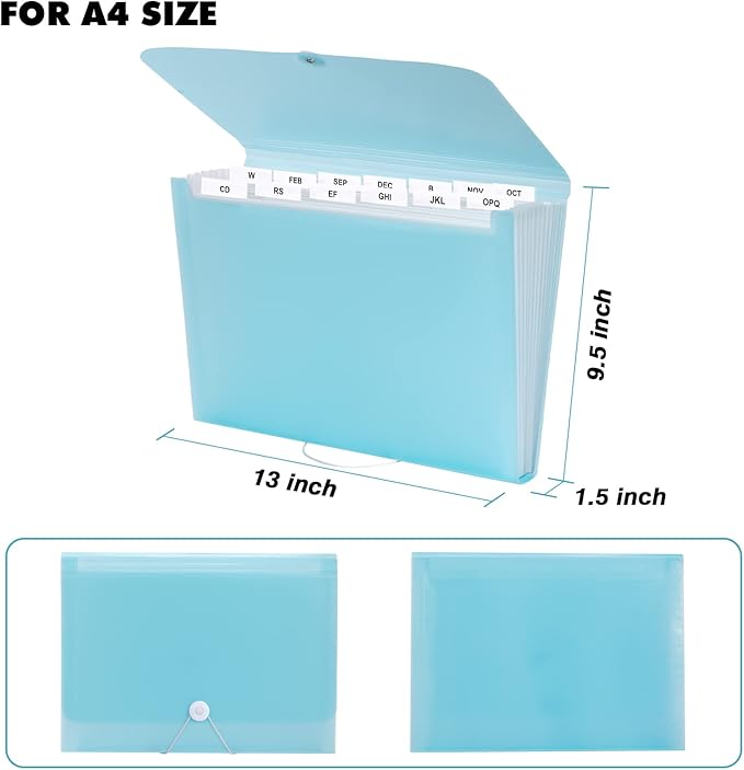 Expanding File Folder A4,13 Pockets File Organiser with Colored Tags, Paperwork A4 Plastic Wallet Document Storage Expander for School,Office and Home, Light Blue