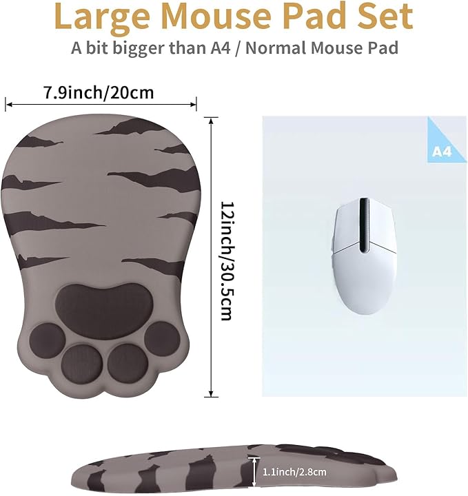 Ergonomic Mouse Pad with Wrist Rest,Cute Cat Paw Mousepad Wrist Support,Comfortable Massage Design Computer Pain Relief Mouse Pad with Non-Slip PU Base for Desk Laptop Gaming Office,Brown