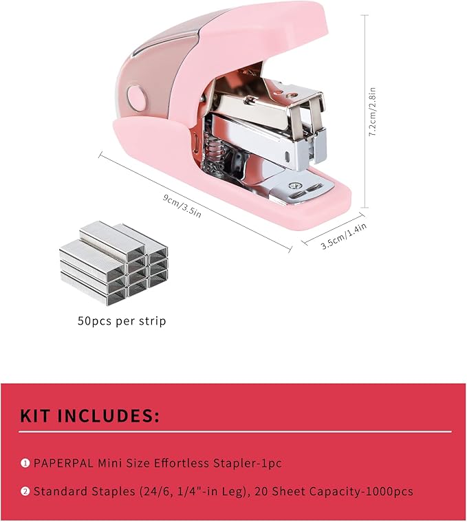 PAPERPAL Effortless Mini Stapler Set, 20 Sheet Capacity, Integrated Remover & Staple Storage, Holds 1/4" Staples, Includes 1000 Staples, Lightweight, Office, School & Daily Use, Pink