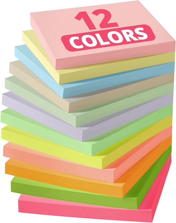Sticky Notes, 12 Pads, 3x3 inches, Colorful Self-Stick Note Pads, Easy to Post in Office, Home, School - 12 Pastel Colors
