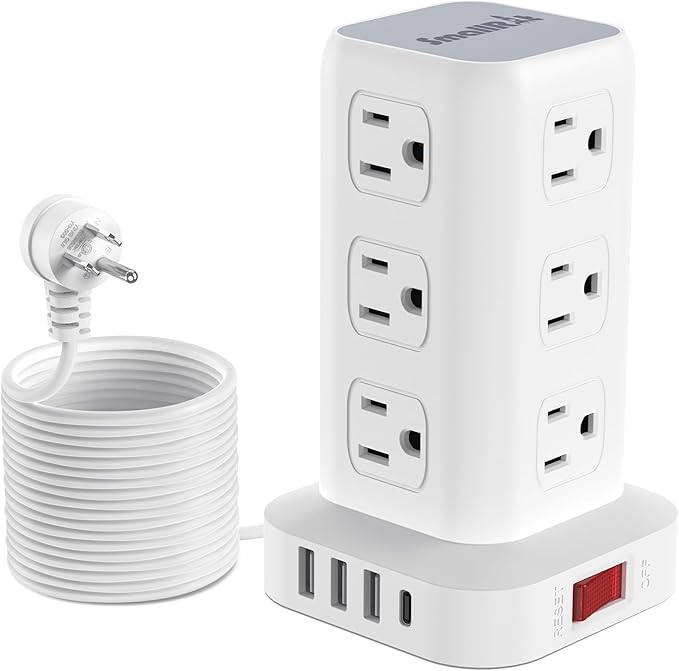 16.5FT Long Extension Cord,Power Strip Tower Surge Protector Power Strip with USB 12 Outlets with 4 USB Ports (1 USB C), Flat Plug Multi Plug Outlet Extender Overload Protection for Home Office