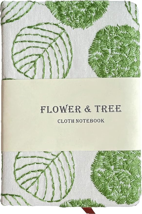 Pocket Notebook, A6 Journal, Small Embroidered Journal, Cute Fabric Notebook, Lay Flat Hardcover Journal, 4x6 Lined Notebook & Sketchbook, Personal Writing Journal for Women, White Leaf