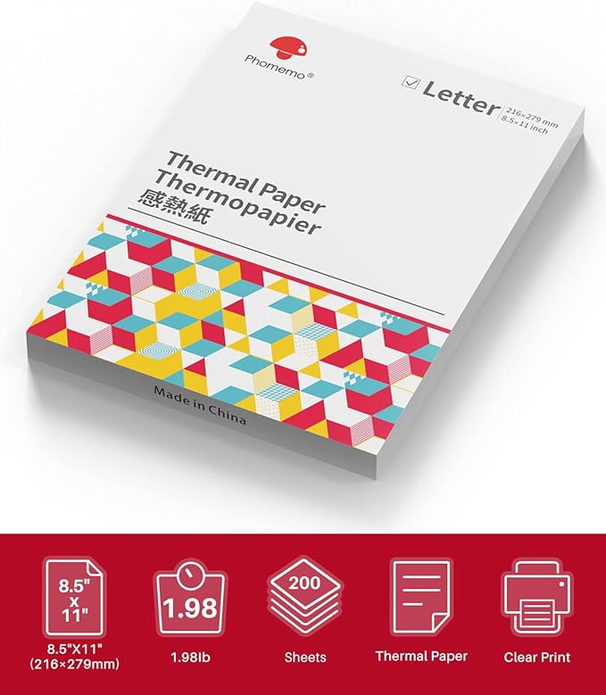 Phomemo US Letter Thermal Printer Paper, Advanced Thermal Printing, Phomemo Thermal Paper Compatible with COLORWING M08F-Letter, M832, M834, MT800/MT800Q Portable Printer, 8.5" x 11", 200 Sheets