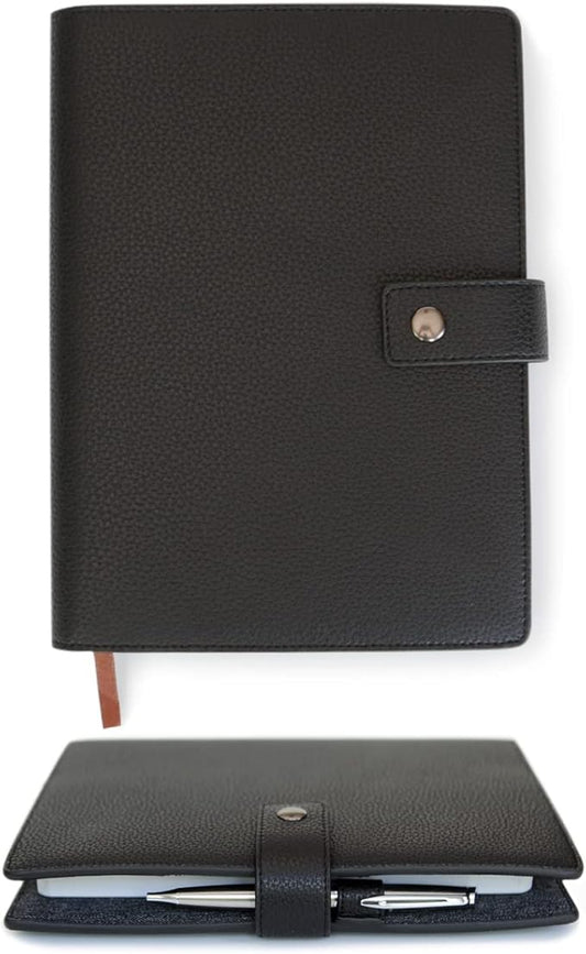 CASE ELEGANCE Black Full Grain Premium Leather Refillable Journal Cover with A5 Lined Notebook - Scratch-Proof DURA-Leather