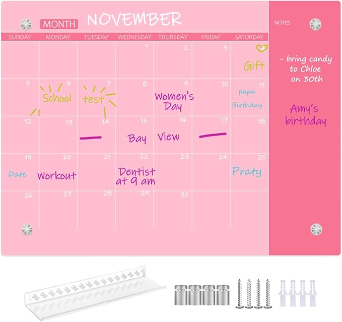 Glass Dry Erase Whiteboard, Monthly Calendar Whiteboard, Frameless Glass White Board for Home, School, Office, Pink Surface, 12" x 16"(GlassA-PK-3040)