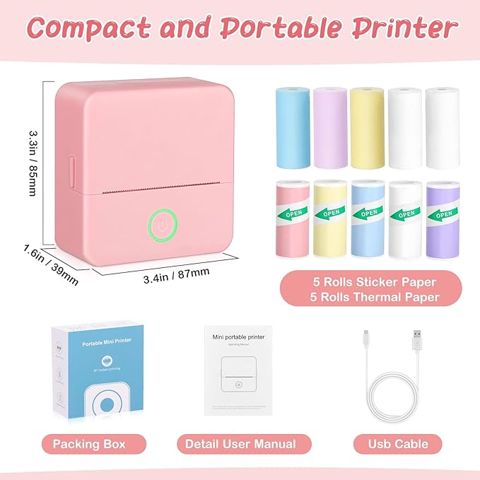 Mini Thermal Printer, Portable Mini Printer with 10 Rolls Printing Paper, Sticker Printer Machine, Mini Pocket Printer for Photos, Journals, DIY, Study Printer Compatible with Android & iOS