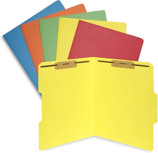 50 Assorted Color Fastener File Folders - 1/3 Cut Reinforced Tab - Durable 2 Prongs Bonded Fastener Designed to Organize Standard Medical Files, Law Client Files, Office Reports - Letter Size