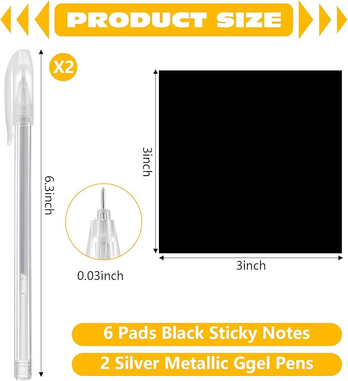 Black Sticky Notes, 3"x3" Post It Notes with 2 Metallic Pens, 6 Pads, Self-Stick Notes Pads Sticky Notes Bulk for School Home Hospital Office Supplies