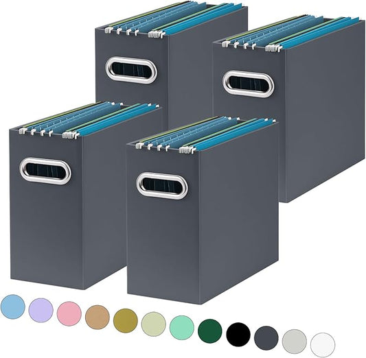 Oterri File Organizer, Small Storage Box, Cardboard File Folder Organizer, Collapsible File Box, Hanging File Organizer for Letter Size, Portable File Box with Handle, Only Box (Dark Grey,4 Packs)