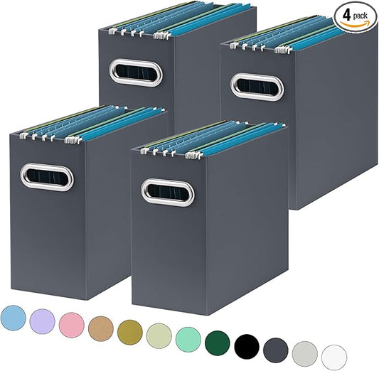 Oterri File Organizer, Small Storage Box, Cardboard File Folder Organizer, Collapsible File Box, Hanging File Organizer for Letter Size, Portable File Box with Handle, Only Box (Dark Grey,4 Packs)