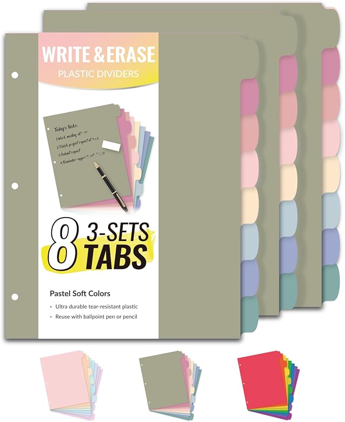 Sooez 8-Tab Durable Plastic Write & Erase Big Tab Dividers for 3 Ring Binder, Aesthetic Cute Pastel Binder Dividers for Student, Teacher, Office, Home Organizers, 3 Sets, Morandi