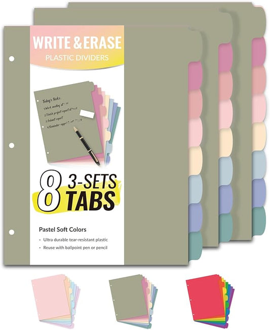 Sooez 8-Tab Durable Plastic Write & Erase Big Tab Dividers for 3 Ring Binder, Aesthetic Cute Pastel Binder Dividers for Student, Teacher, Office, Home Organizers, 3 Sets, Morandi