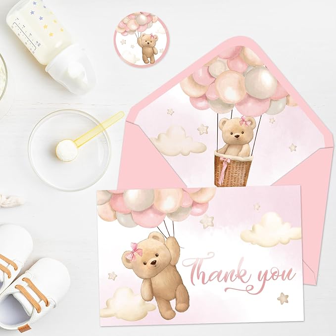 Whaline 24 Packs Bear Thank You Cards Pink Bear Balloon Greeting Cards Cute Cartoon Blank Note Cards with Envelopes and Stickers for Baby Shower Birthday Holiday Party Supplies, 4 x 6 Inch