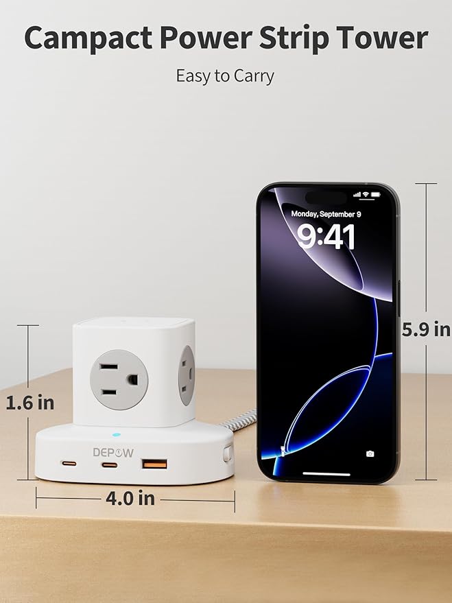Power Strip Tower with USB-C, Small Surge Protector (1700J), 5 FT Extension Cord with 5 AC Outlet 3 USB Ports(2 USB C), Travel Charging Station with Overload Protection for Office, Dorm, Hotel