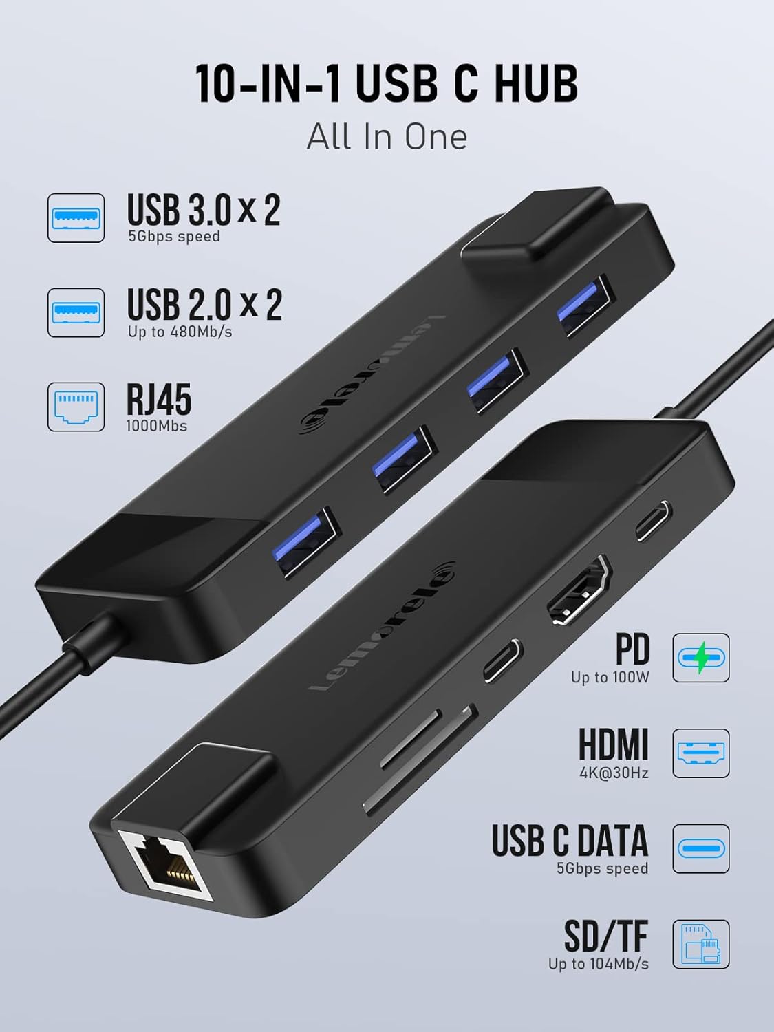 Lemorele USB C Hub Multiport Adapter 10-in-1 USB C Dongle for MacBook Pro Air, Gigabit Ethernet with 4K HDMI, 100W PD, USB 3.0 5Gbps Port, SD/TF Card Reader Adapter, Compatible for Windows/Mac/iPad…