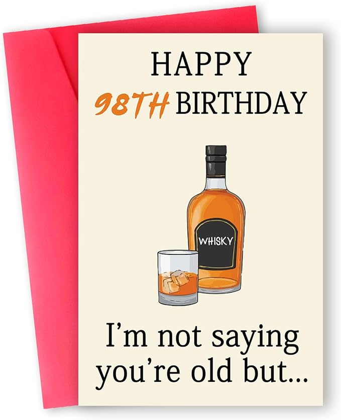 Funny 98th Birthday Card, Best 98th Birthday Gifts for Women Men, Happy 98th Birthday Decorations for Dad Mom Grandpa Grandma, Whiskey 98 Year Old Bday Decor Card